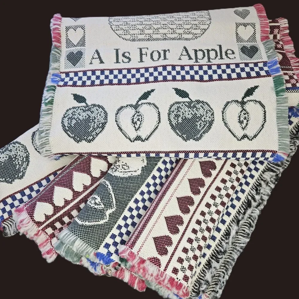 A is for Apple VTG Runner & 4 Placemats Tapestry Fringe Hearts Checkered Red Grn